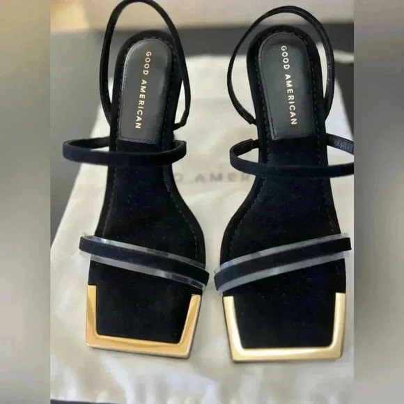 GOOD AMERICAN  The Standout Square Toe Sandal Suede Black Size 6 1/2 Heels - Picture 6 of 8
